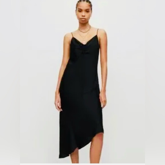 ALL SAINTS Slip Dress Drawstring Black Midi Sz 10 - Picture 2 of 11